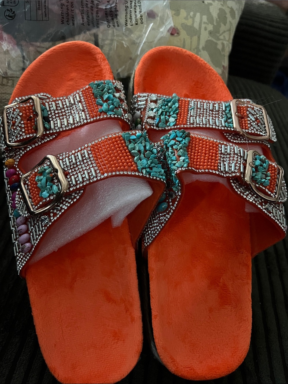 Embellished Orange Slide Sandals with Turquoise & Siver Accents - Picture 4 of 14